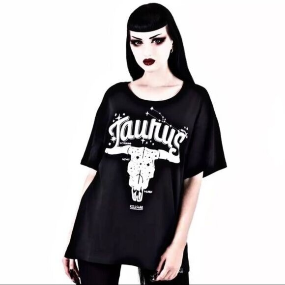 Killstar Tops - Killstar Taurus Zodiac Tee – Black Cotton, White Bull Skull Graphic, Unisex M